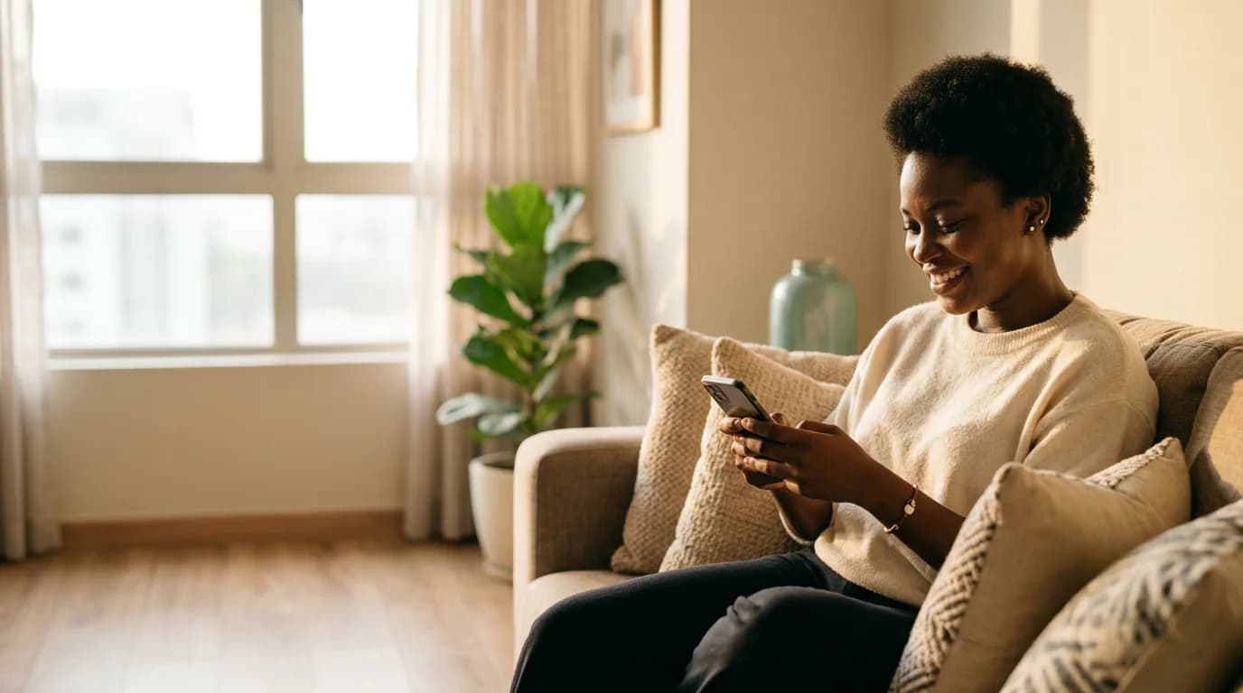 A young Nigerian woman relaxing on her sofa at home, smiling at her phone