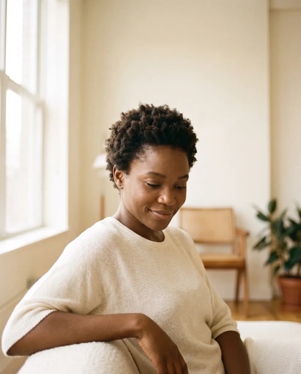 A woman sitting at home in the late afternoon, her phone nowhere in sight